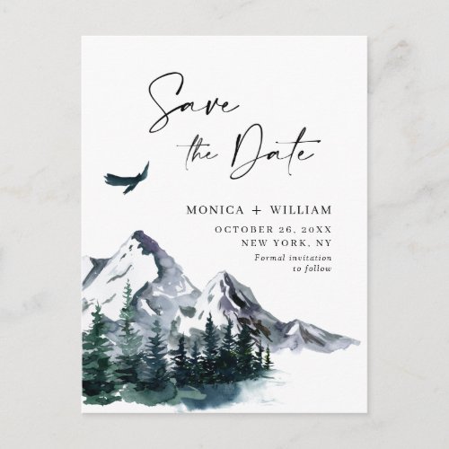 Watercolor Mountains Forest Wedding Save the Date Postcard