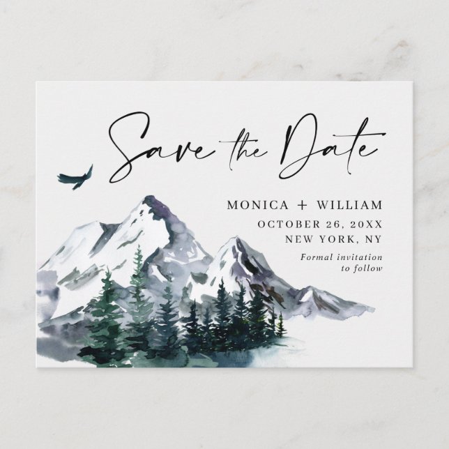 Watercolor Mountains Forest Wedding Save the Date  Postcard (Front)