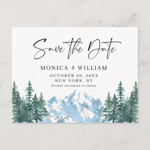 Watercolor Mountains Forest Wedding Save the Date Postcard