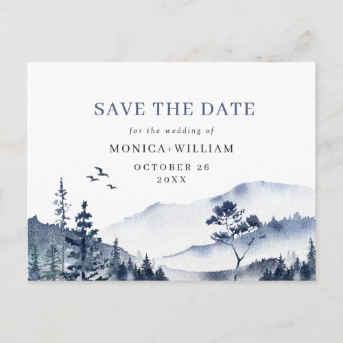 Watercolor Mountains Forest Wedding Save the Date Postcard