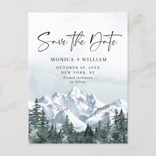 Watercolor Mountains Forest Wedding Save the Date  Postcard
