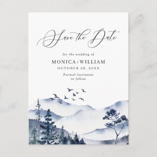 Watercolor Mountains Forest Wedding Save the Date  Postcard