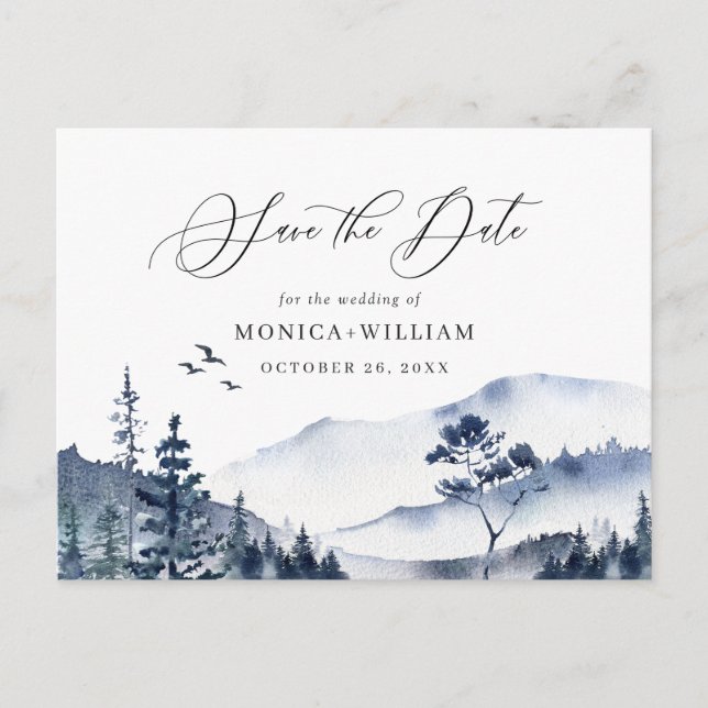 Watercolor Mountains Forest Wedding Save the Date Postcard (Front)