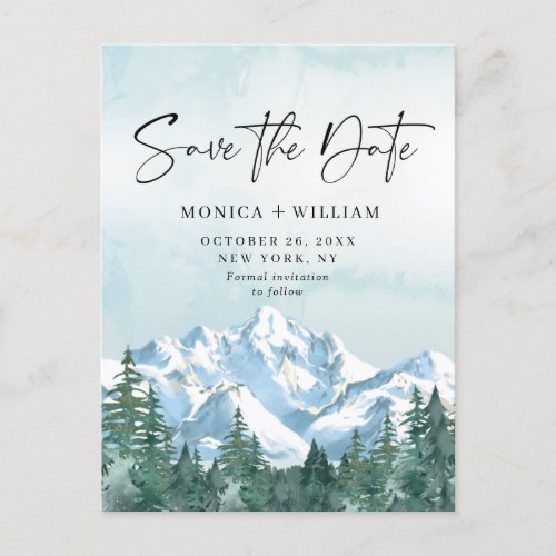 Watercolor Mountains Forest Wedding Save the Date  Postcard