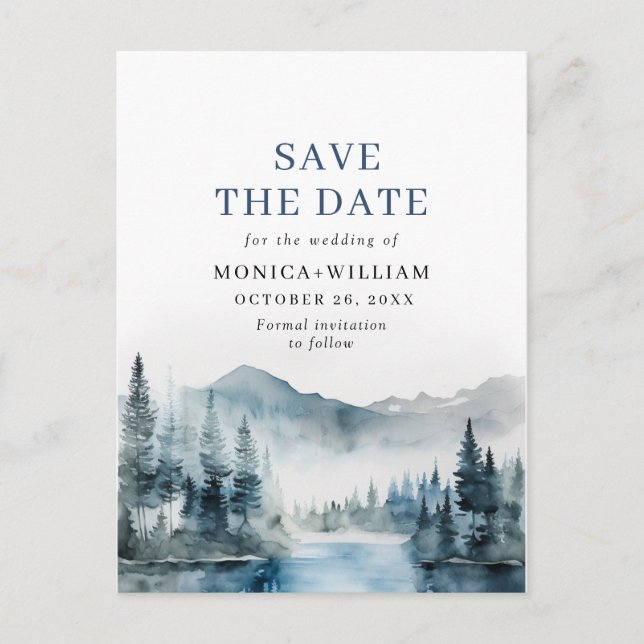 Watercolor Mountains Forest Wedding Save the Date Postcard (Front)