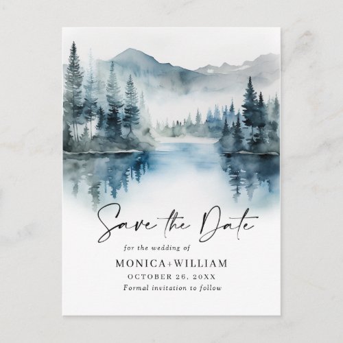 Watercolor Mountains Forest Wedding Save the Date Postcard