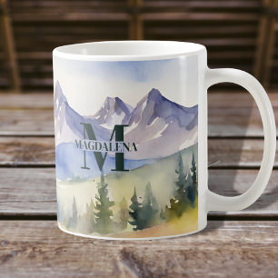 Watercolor Mountains Landscape Monogram Name Coffee Mug