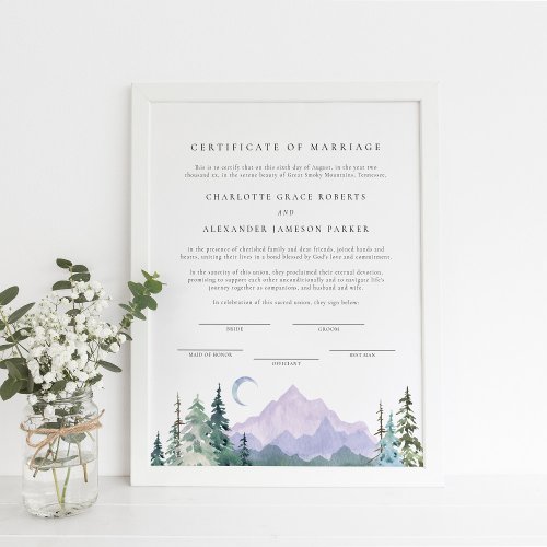 Watercolor Mountains Marriage Certificate Poster