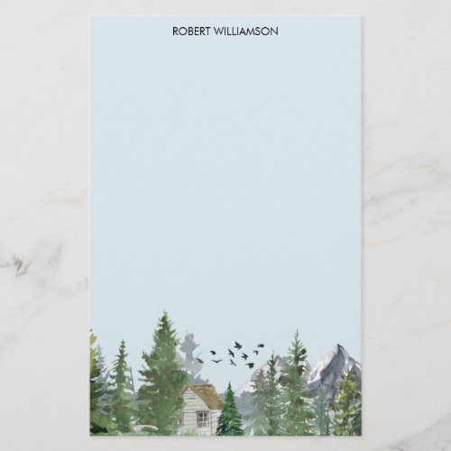 Watercolor Mountains Nature Fir Trees Forest Cabin Stationery