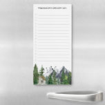 Watercolor Mountains Nature Groceries Checklist Magnetic Notepad<br><div class="desc">Customizable text/name lined groceries checklist with watercolor painted landscape with mountains,  forest,  and a cabin.</div>