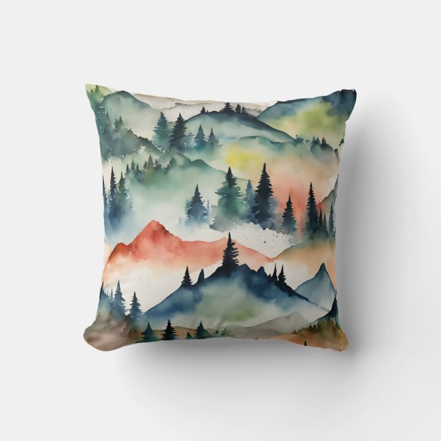 Watercolor Mountains Nature Trees Fall Autumn Throw Pillow (Front)