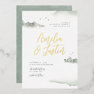 Watercolor Mountains Outdoor Destination Wedding Foil Invitation