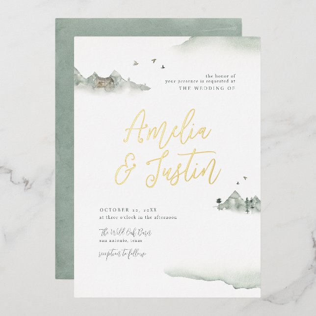 Watercolor Mountains Outdoor Destination Wedding Foil Invitation (Front/Back)