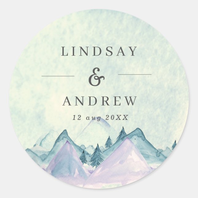 Watercolor Mountains Personalised Wedding Classic Round Sticker (Front)