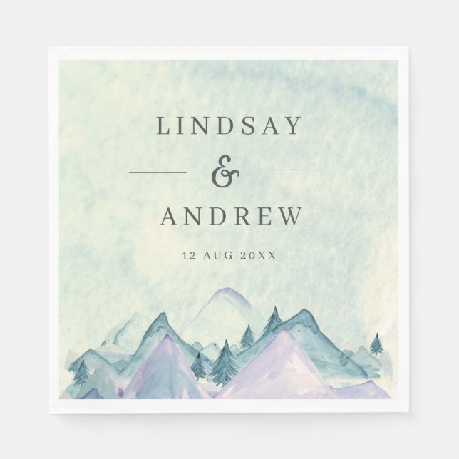 Watercolor Mountains Personalised Wedding Napkins (Front)