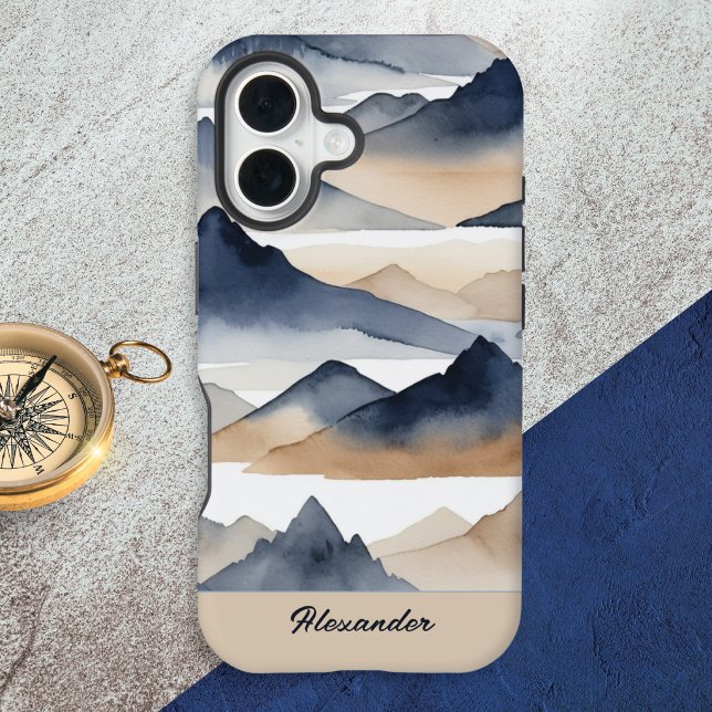 Watercolor Mountains Personalized Name iPhone Case (A phone case with mountains design in a watercolor style, personalized with a name in a script font)