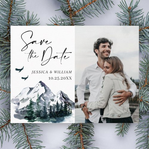 Watercolor Mountains PHOTO Wedding Save the Date  Postcard