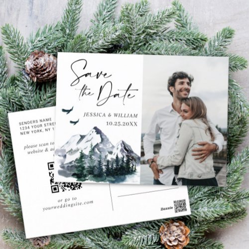 Watercolor Mountains PHOTO Wedding Save the Date Postcard