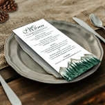 Watercolor Mountains & Pine Elegant Rustic Wedding Menu<br><div class="desc">This wedding menu is simple,  rustic,  and elegant. It features a fancy script calligraphy title with watercolor mountains and pine trees. The back is a deep marbled forest green color. Perfect for an outdoor reception.</div>