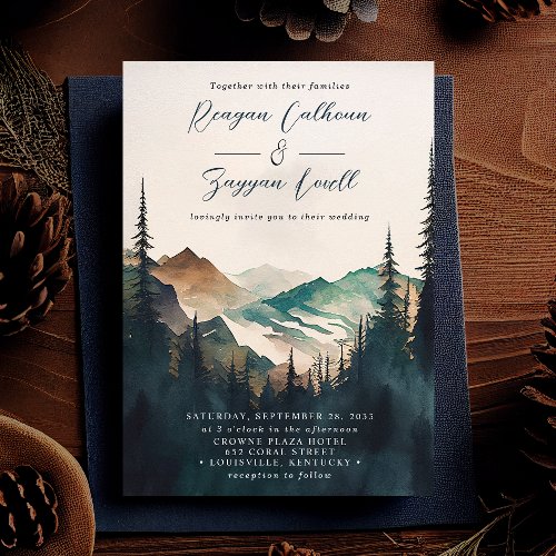 Watercolor Mountains Pine Forest Script Wedding Invitation