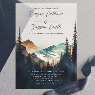 Watercolor Mountains Pine Forest Script Wedding Vellum Invitations