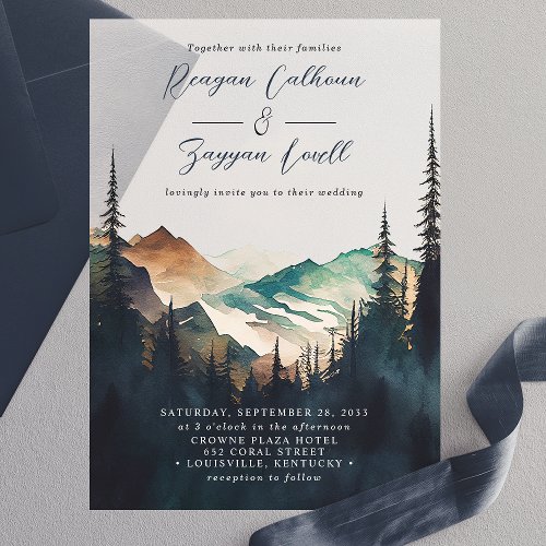 Custom Wedding 15 Watercolor Mountains Pine Forest Script Wedding Vellum Invitations