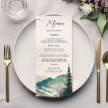 Watercolor Mountains Pine Forest Wedding Menu<br><div class="desc">Present your wedding feast in a visually pleasing manner with the Watercolor Mountains Pine Forest Wedding Menu. This menu, printed on high-quality card stock, features a tranquil watercolor scene of mountains and a pine forest, reflecting the natural grandeur of your wedding theme. The dishes of your reception meal are listed...</div>