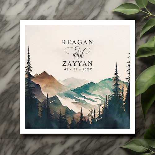 Watercolor Mountains Pine Forest Wedding Napkins