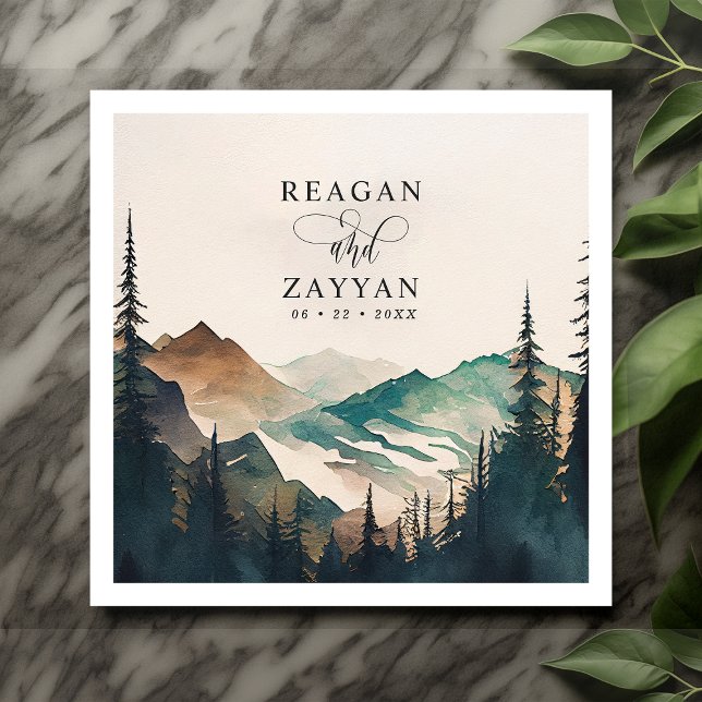 Watercolor Mountains Pine Forest Wedding Napkins (Creator Uploaded)