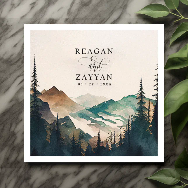 Watercolor Mountains Pine Forest Wedding Napkins | Zazzle