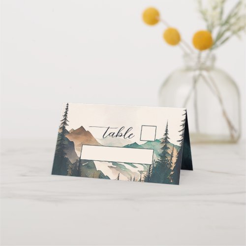 Watercolor Mountains Pine Forest Wedding  Place Card
