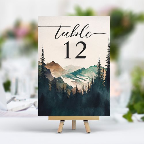 Watercolor Mountains Pine Forest Wedding Table Number