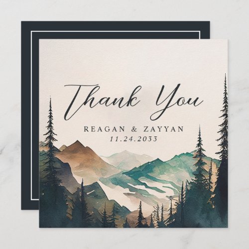 Watercolor Mountains Pine Forest Wedding  Thank You Card