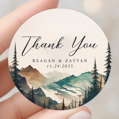 Watercolor Mountains Pine Forest Wedding Thank You Classic Round Sticker