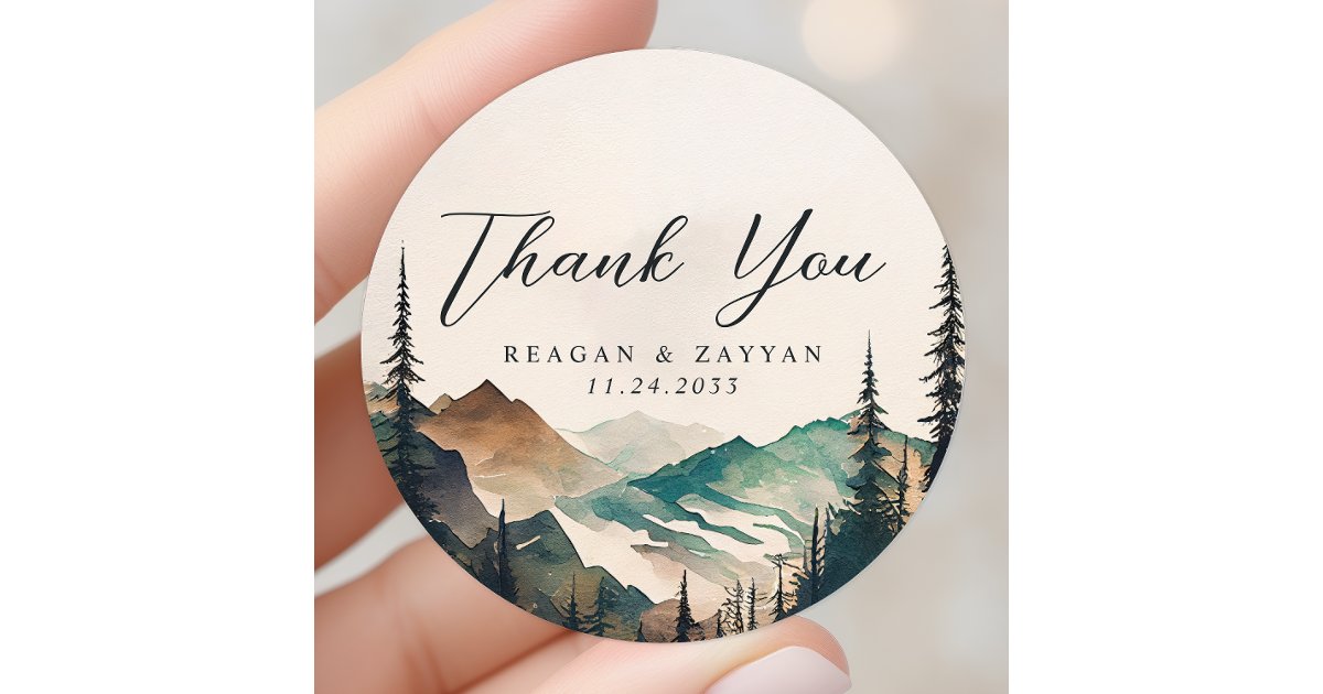 Watercolor Mountains Pine Forest Wedding Thank You Classic Round ...