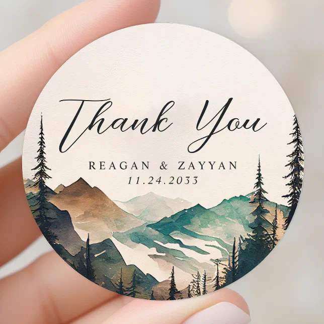 Watercolor Mountains Pine Forest Wedding Thank You Classic Round ...
