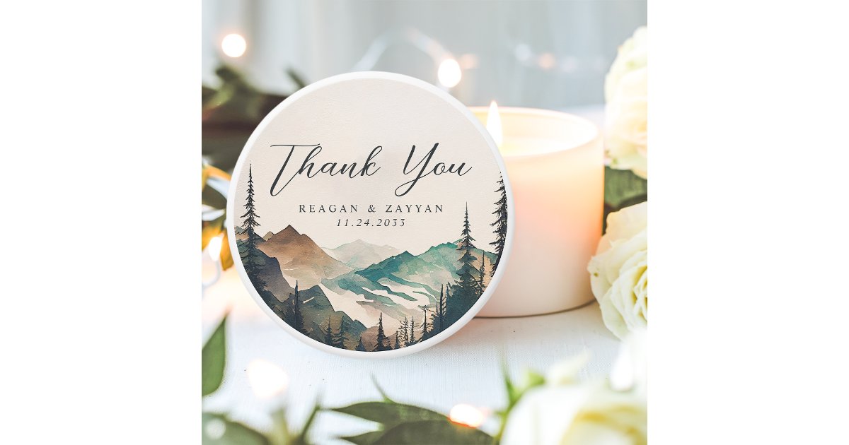Watercolor Mountains Pine Forest Wedding Thank You Mini Candle Favors ...