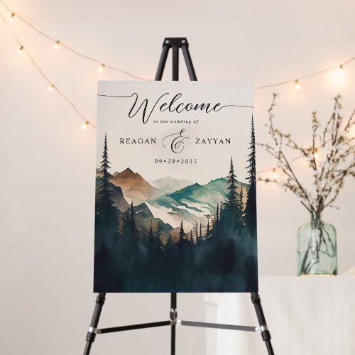 Watercolor Mountains Pine Forest Wedding Welcome Foam Board