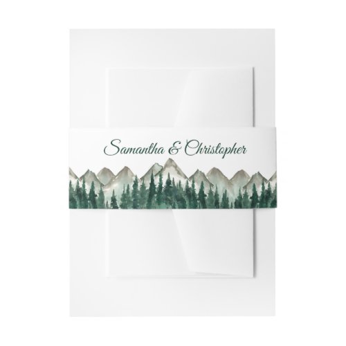 Watercolor Mountains  Pine Trees Rustic Wedding Invitation Belly Band