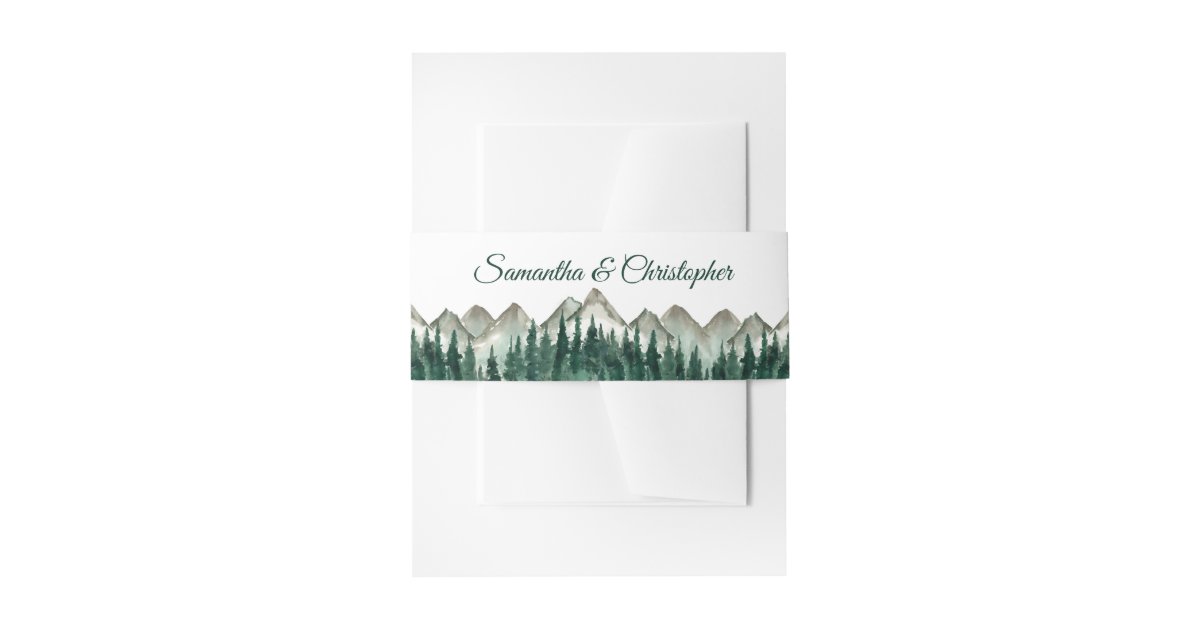 Watercolor Mountains & Pine Trees Rustic Wedding Invitation Belly Band ...