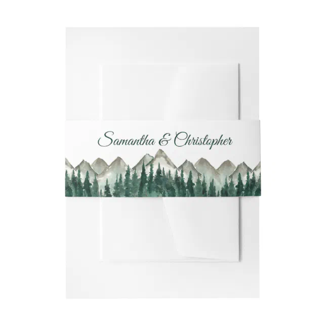 Watercolor Mountains & Pine Trees Rustic Wedding Invitation Belly Band ...