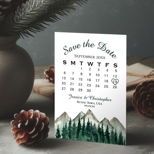 Watercolor Mountains  Pine Wedding Calendar Save The Date