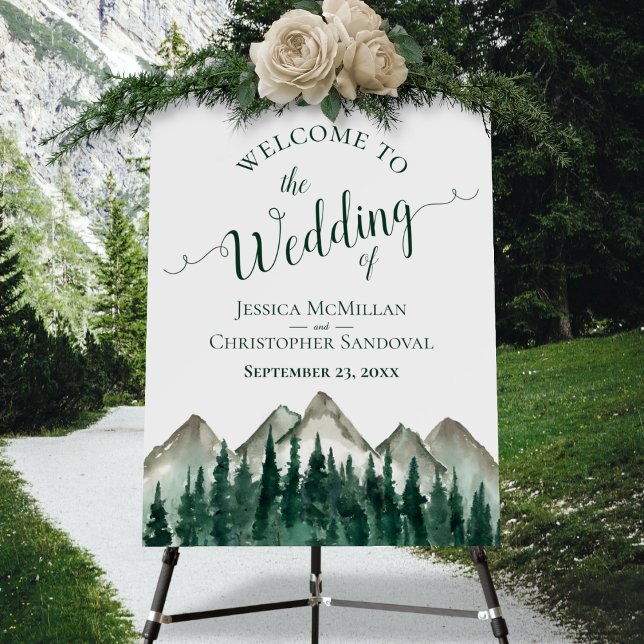 Watercolor Mountains & Pine Wedding Welcome Foam Board (In Situ on Stand with Flowers)