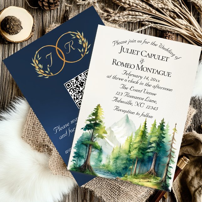 Watercolor Mountains, QR Code & Monogram - Blue Invitation (Creator Uploaded)