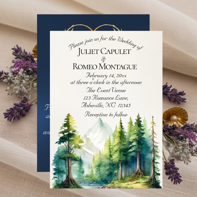 Watercolor Mountains, QR Code & Monogram - Blue Invitation (Creator Uploaded)