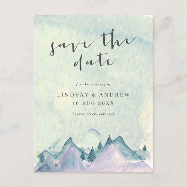 Watercolor Mountains Wedding Save the Date Postcard (Front)