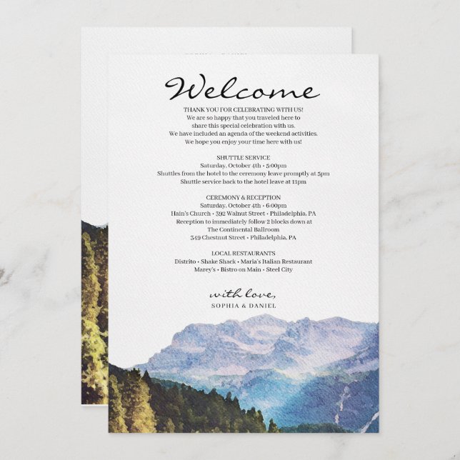 Watercolor Mountains Wedding Welcome Itinerary Program (Front/Back)