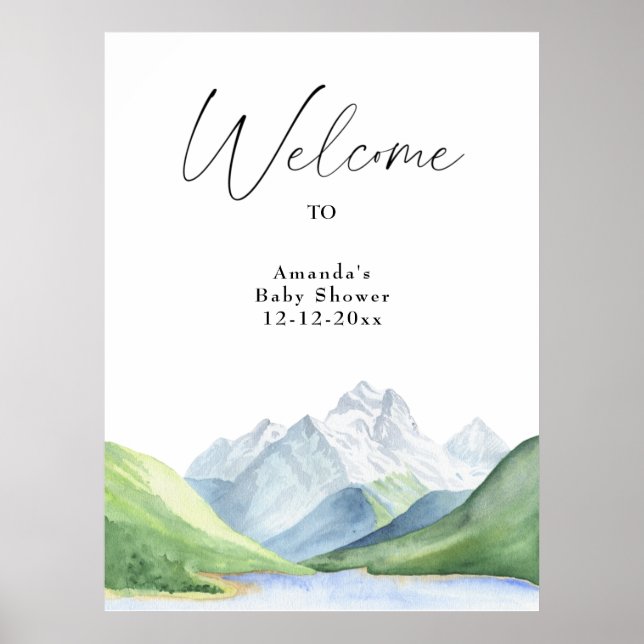 Watercolor mountains welcome baby shower poster (Front)