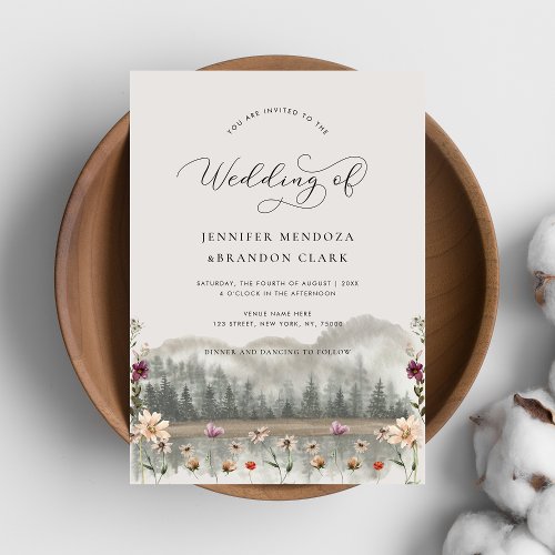 Watercolor Mountains Wildflowers Boho Fall Wedding Invitation