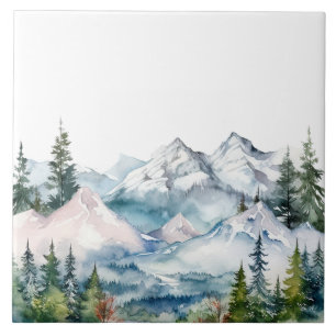 Watercolor Mountains Winter Ceramic Tile